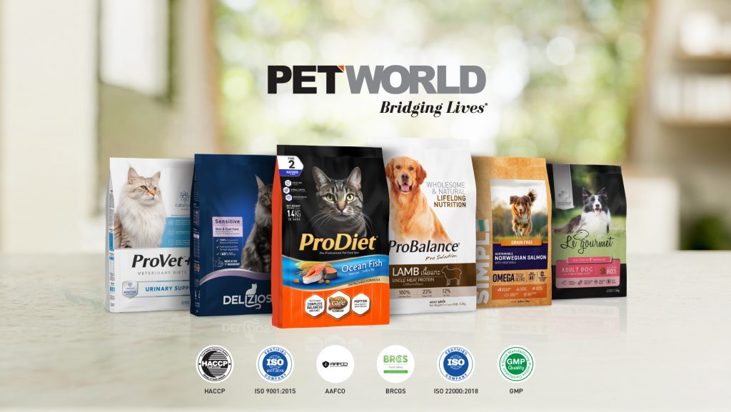 The Pet World product range displayed with ISO, HACCP, BRCGS, AAFCO and GMP certification marks