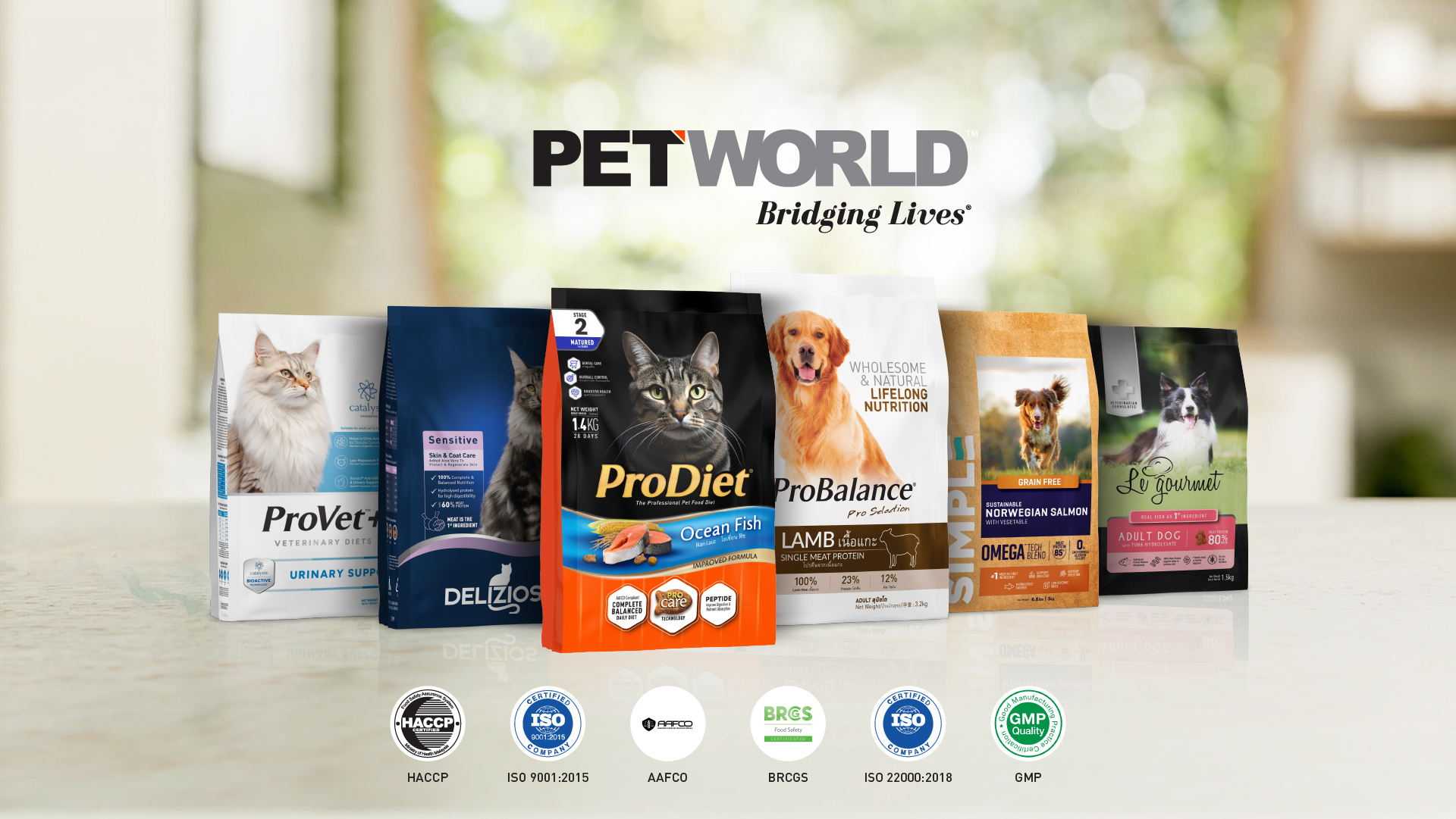 PETWORLD product range with ISO, HACCP, BRCGS, AAFCO and GMP certifications